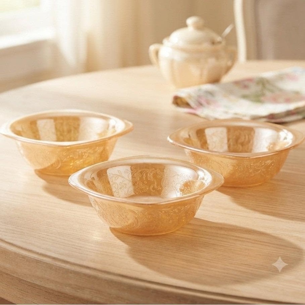 Vintage Jeanette Glass Floragold Square Berry Bowls in Louisa Pattern 1950s USA